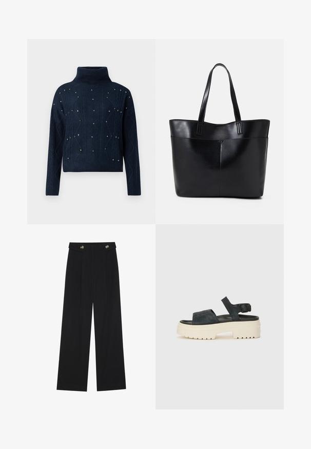 Navy turtleneck sweater with cable knit design and scattered decorative studs. Features long sleeves and a relaxed fit.; Black wide-leg trousers with high waist, button details on waistband, and front pleats.; Black suede platform sandals with a chunky white sole, wide front strap, and adjustable ankle buckle. Textured outsole for grip.; Black leather tote bag with two long handles, a smooth texture, and a structured shape. Features a front pocket for additional storage.