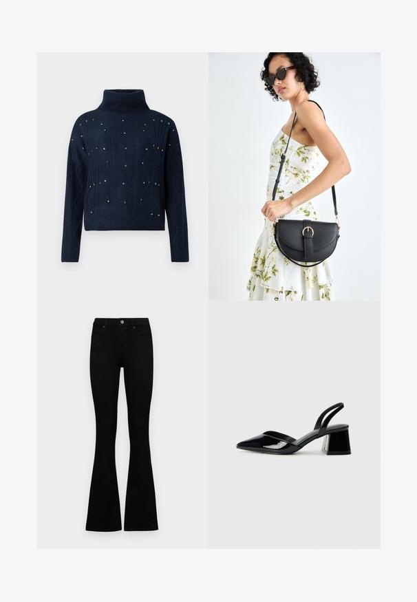 Jūras spēku turtlenecks džemperis ar dzijas pinumu un izkaisītiem dekoratīviem kniedēm. Ar garām piedurknēm un brīvu piegriezumu.; Melni augsta jostas šorti ar pogu un rāvējslēdzēju, priekšējām kabatām un izplestām kājām, nolikti uz balta fona.; Melna lakota āda ar atvērto papēdi, ar smailu purngalu un ģeometrisku blokpapēdi. Iezīmējas elegants, minimāls dizains un gluda tekstūra.; Melnas ādas rokassoma ar izliekta formu, noņemamu siksnu un zelta aksesuāriem. Somai ir vāciņš ar sprādzes detaļu.