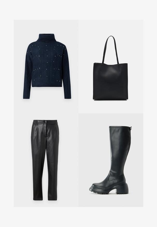 Maglione a collo alto navy con design a treccia e borchie decorative sparse. Presenta maniche lunghe e una vestibilità rilassata.; Pantaloni di pelle nera con una texture liscia, vestibilità dritta, cintura elastica e chiusura con bottone frontale; dettagli plissettati e gambe affusolate.; Stivale lungo in pelle nera con suola piatta robusta e tacco a blocco, dotato di linguetta e battistrada testurizzato sulla suola.; Borsa tote in pelle nera con texture liscia, forma rettangolare e due manici lunghi. Nessun hardware o decorazione visibile.