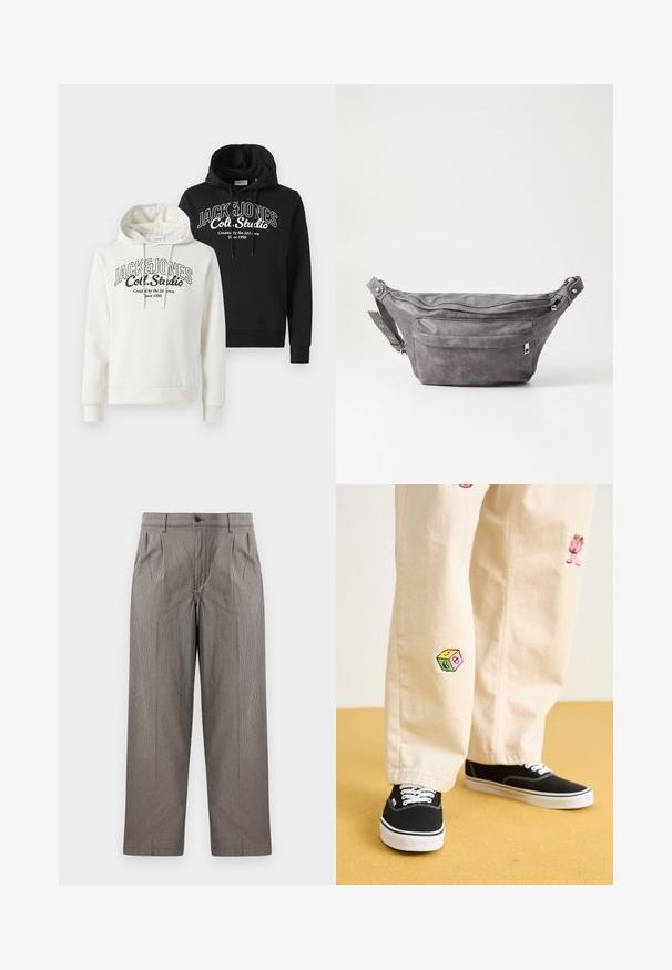 Două hanorace cu glugă stivuite, unul crem cu text grafic negru, celălalt negru cu un text similar. Material moale, cu mansete și tiv cu dungi.; Pantaloni gri cu imprimeu houndstooth, cu design drept, având pliuri, un talie cu închidere prin buton și buzunare laterale.; Pantaloni din bumbac bej cu modele brodate jucăușe, inclusiv un personaj roz și un bloc colorat, asortați cu teniși negri cu șireturi.; Borseta gri din suede, cu o formă rotunjită, două compartimente cu fermoar și curea ajustabilă. Are accente din metal.