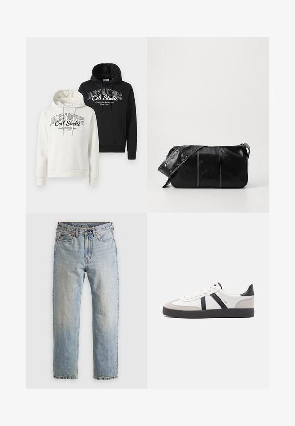 Dos sudaderas con capucha apiladas, una crema con texto gráfico negro y la otra negra con texto similar. Tejido suave, puños acanalados y dobladillo.; Jeans de mezclilla azul claro de cintura alta, con botón frontal, cremallera y diseño de cinco bolsillos, dispuestos sobre un fondo neutro.; Zapatilla blanca con acentos en negro y gris, que presenta una puntera texturizada en gris, suela de goma negra y cordones planos blancos. Diseño limpio, estilo minimalista.; Bolso de hombro de cuero negro con cierre de cremallera, que presenta un cuerpo texturizado, costuras blancas y una correa con ojales plateados.