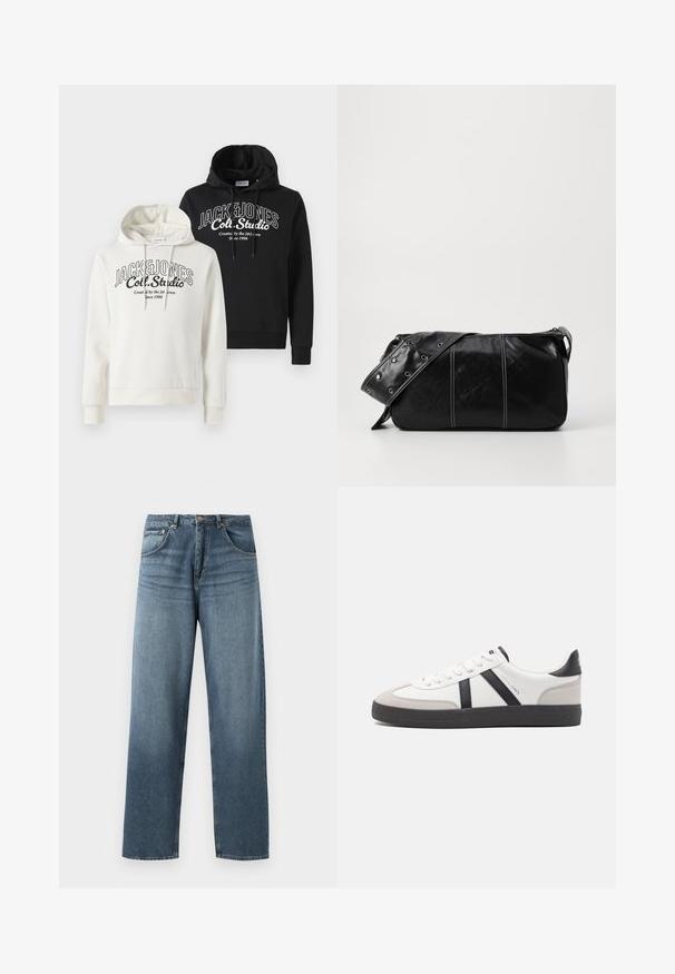 Two hooded sweatshirts stacked, one cream with black graphic text, the other black with similar text. Soft fabric, ribbed cuffs, and hem.; Straight-leg blue denim jeans with a faded wash, featuring five-pocket design, metal button, and belt loops. Structured, medium-weight fabric.; White sneaker with black and gray accents, featuring a textured gray toe cap, black rubber sole, and flat white laces. Clean design, minimalist style.; Black leather shoulder bag with a zip closure, featuring a textured body, white stitching, and a strap with silver grommets.