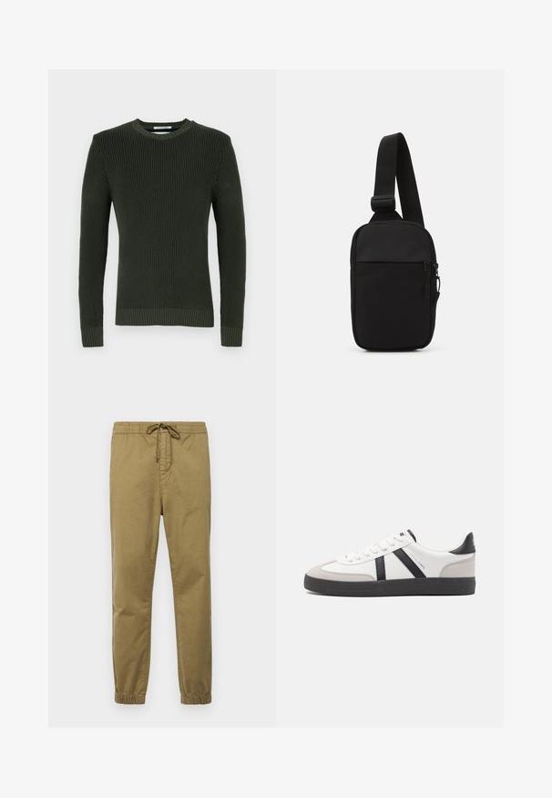 Replay Stickad tröja - mud green; Ljus khaki joggerbyxor med elastisk midja, justerbar dragsnodd, avsmalnande ben och elastiska muddlinjer. Slät, andningsbar tyg.; Vit sneaker med svarta och grå accenter, med en strukturerad grå tådel, svart gummisul, och platta vita skosnören. Ren design, minimalistisk stil.; Svart axelväska gjord av slitstarkt tyg, med en justerbar rem, ett zip-försett huvudfack och en framficka.