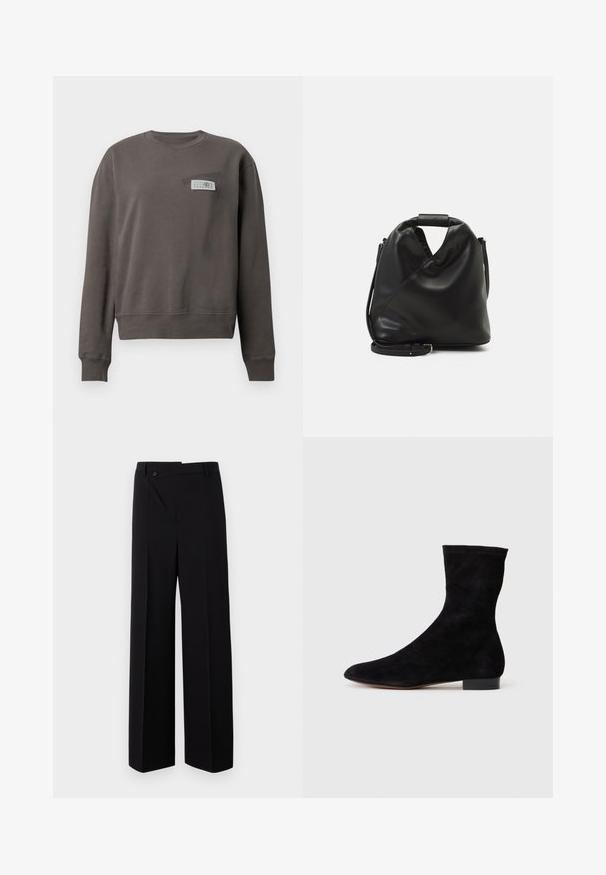 Tumehall sweatshirt ümarate kaeltega, pikkade varrukatega ning väikese valge ristkülikukujulise sildiga numbritega vasakul ülaküljes.; Mustad laiatsäärised püksid, millel on lame esiosa, nupuga kinnitamine ja sile kangatekstuur. Omab sirget lõiget ja teravaid jooni.; Musthave mustan nahast pahkluu saabas, millel on kitsas vars, terav nina ja madal plokk-konts. Pehme tekstuur ja minimalistlik disain, sobib mitmekesiseks stiliseerimiseks.; Must ja pehme nahast kott, millel on unikaalne keerdkujuline disain. Omab lühikest kätset ja eemaldatavat õlarihma. Minimalistlik stiil.