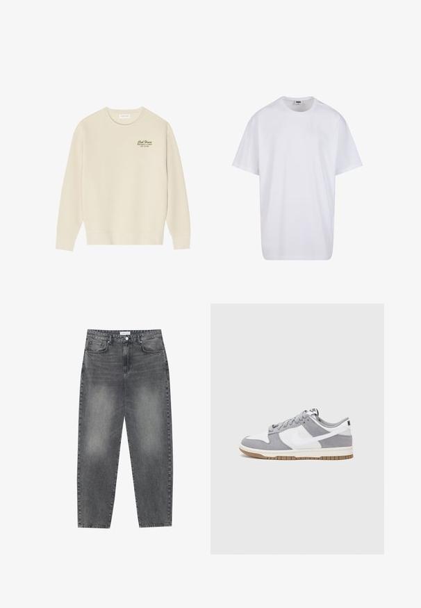 Kremowy sweatshirt wykonany z miękkiego materiału, z okrągłym dekoltem, długimi rękawami i nadrukiem na piersi z przodu w ciemnozielonym kolorze.; Biała bawełniana koszulka z krótkimi rękawami, okrągłym dekoltem, luźnym krojem i bez widocznych logo lub wzorów. Gładka tekstura i minimalistyczny design.; Jeansy z wysokim stanem, luźne, w wyblakłym czarnym deninie. Posiadają pięć kieszeni, szlufki na pasek oraz prosty, klasyczny krój nogawek.; Szare i białe trampki z zamszową i skórzaną cholewą, okrągłym noskiem, płaskimi sznurówkami i gumową podeszwą z akcentem w kolorze gumy.