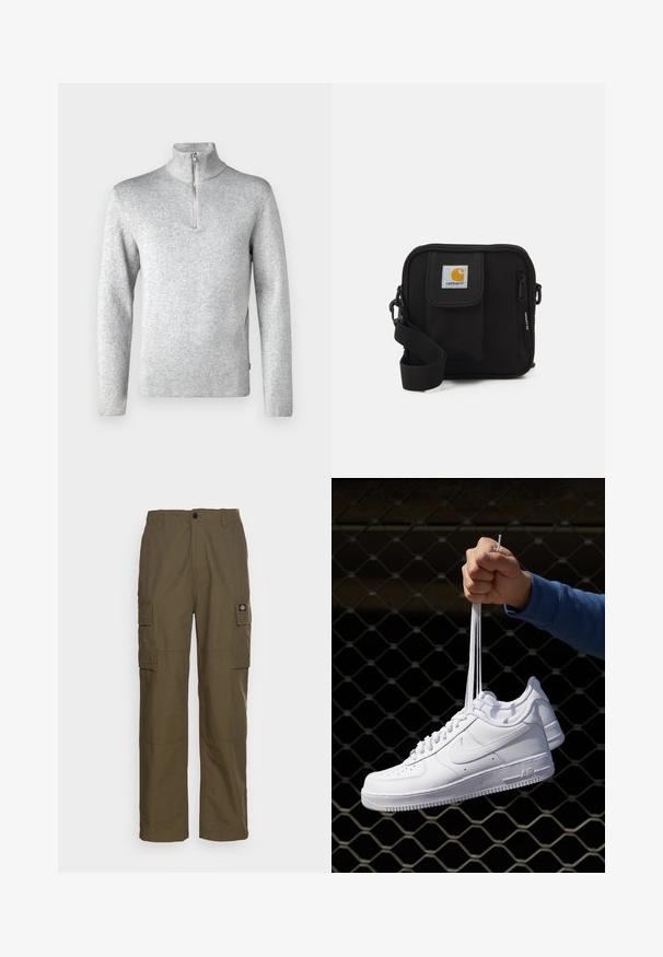 Jack & Jones PREMIUM JPRBLAMILANO HALF ZIP - Strickpullover - light grey melange; Weißes T-Shirt mit kurzen Ärmeln aus Baumwolle, mit Rundhalsausschnitt und glatter Textur, gerader Schnitt und ohne Muster.; Cargo-Hosen in olivgrün, aus strapazierfähigem Stoff. Verfügt über zwei Seitentaschen, eine normale Taille und ein gerades Bein.; Weiße Leder-Sneaker mit Perforationen, runder Zehenpartie, flacher Sohle und dicken Schnürsenkeln, mit sichtbar eingesticktem Swoosh-Logo und "AIR" an der Ferse.; Schwarze Umhängetasche mit einem Reißverschluss-Hauptfach, einer Fronttasche, einem verstellbaren Tragegurt und einem sichtbaren Logo-Patch auf dem Deckel.