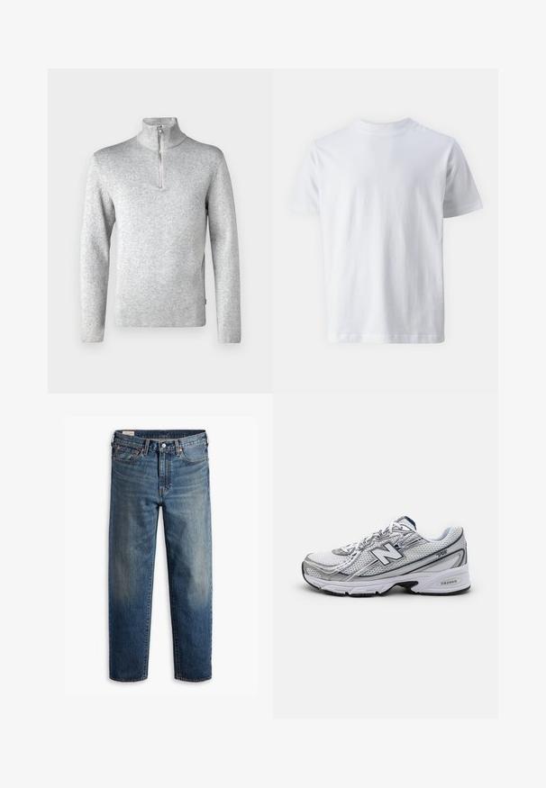 Jack & Jones PREMIUM JPRBLAMILANO HALF ZIP - Neule - light grey melange; Valkoinen lyhythihainen t-paita, joka on valmistettu puuvillasta. Paitassa on pyöreä kaula-aukko ja sileä pinta, suora leikkaus ja ilman kuvioita.; Siniset suoralahkeiset farkut, joissa on klassinen viiden taskun muotoilu, nappisulku ja hienovarainen haalistuminen reisiä ja polvia myöten.; Uuden Balance -urheilusandaalit, joissa on verkkopintamateriaali, pääasiassa valkoiset harmailla ja laivastonsinisin yksityiskohdin, joissa on pehmustettu pohja ja tekstuuroitu yksityiskohta.