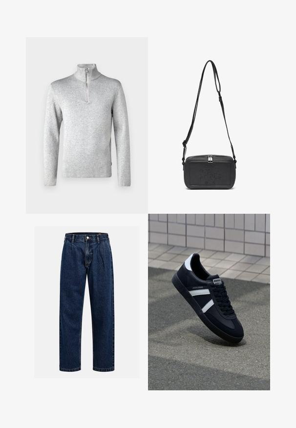 Jack & Jones PREMIUM JPRBLAMILANO HALF ZIP - Jumper - light grey melange; Dark blue denim jeans with a straight-leg design. Features visible stitching, a button closure, and front pleats for added detail.; Black leather sneaker with white stripes, textured rubber sole, and lace-up front. Features a branded label on the tongue.; Black leather crossbody bag with a zip closure, embossed logo on the front, and adjustable strap. Smooth texture with a rectangular shape.