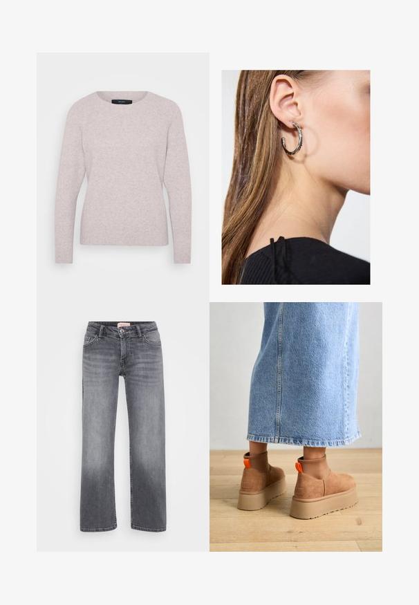Suéter rosa claro com um decote redondo, mangas longas e punhos canelados. Textura suave com um padrão mesclado subtil.; Jeans de ganga cinza com um design de perna reta, estilo de cinco bolsos, desbotamento subtil e fecho de botão na cintura.; Botas plataforma em camurça castanha com painéis laterais elásticos e puxadores laranja, combinadas com uma saia de ganga clara até ao joelho, em um chão de madeira.; Brinco de argola prateada com acabamento polido, apresentando pequenos detalhes em dourado e uma forma redonda, usado na orelha.