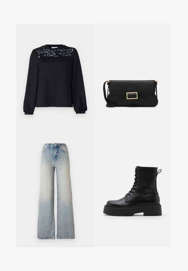 Melnas džemperis ar garām piedurknēm, ar strukturētu mežģīņu apdari krūšu daļā un apaļu kakla izgriezumu. Mīksta auduma, ar ribotiem aproces galiem.; Gai zilu platā kāja džinsi, kas izgatavoti no denima, ar augstu jostasvietu, piecām kabatām un redzamu dūrienu gar šuvēm.; Melni ādas potītēm zābaki ar apļveida purngalu, auklām priekšpusē un biezu gumijas zoli ar teksturētu protektoru. Velkšanas cilpa aizmugurē.; Melnas ādas saķeres soma ar atloku un zelta metāla sprādzi. Ietver melnu siksnu un elegantu, minimālistisku dizainu.; Zelta krāsas auskari gredzena formā, plāni un apaļi, ar gludu metāla apdari un bez rotājumiem vai zīmējumiem.