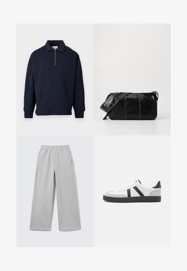 Sudadera de cuello alto de color azul marino, con cierre de media cremallera, fabricada en una suave tela, con mangas largas y un corte relajado.; Pantalones deportivos de algodón gris claro con cintura elástica, dos bolsillos laterales y diseño de pierna ancha. Textura suave y detalles de costura simples.; Zapatilla blanca con acentos en negro y gris, que presenta una puntera texturizada en gris, suela de goma negra y cordones planos blancos. Diseño limpio, estilo minimalista.; Bolso de hombro de cuero negro con cierre de cremallera, que presenta un cuerpo texturizado, costuras blancas y una correa con ojales plateados.