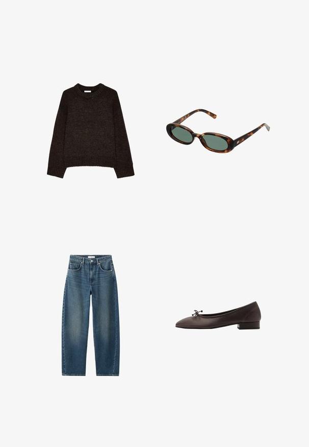 Maglione lavorato a maglia marrone scuro con scollo rotondo, maniche lunghe e polsini a coste. Texture morbida e design leggermente corto. Nessun motivo visibile.; Abito bianco senza maniche con scollo rotondo e un orlo asimmetrico che si drappeggia a punta su un lato.; Jeans in denim blu scuro con gamba dritta, design a cinque tasche e chiusura con bottone classica. Texture morbida con leggera scoloritura.; Ballerina in pelle marrone con punta arrotondata e tacco a blocco piccolo. Presenta un sottile fiocco sul davanti e dettagli di cucitura discreti.; Occhiali da sole tartarugati con montatura ovale e lenti verdi. Presentano aste sottili con un accento metallico vicino alle cerniere.; Borsa a tracolla gialla intrecciata con manico curvo e forma non strutturata. La superficie testurizzata presenta un motivo a incrocio.