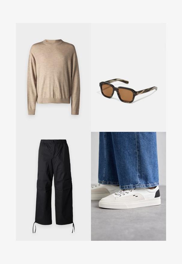 Beige svetr s dlouhým rukávem vyrobený z měkké tkaniny; má kulatý výstřih a žebrované manžety, s volným střihem a hladkou texturou.; Černé cargo kalhoty vyrobené z lehké tkaniny, s širokými nohavicemi, elastickým pasem a nastavovacími stahovacími šňůrkami na manžetách. Dvě postranní kapsy.; Bílé a černé tenisky s hladkým koženým svrškem, texturovanými akcenty a robustní bílou podešví. Mají klasický design se šněrováním.; Plastové sluneční brýle s želvovinovým vzorem, osmiúhlé hnědé čočky a tenké zlaté kovové detaily na rámu.