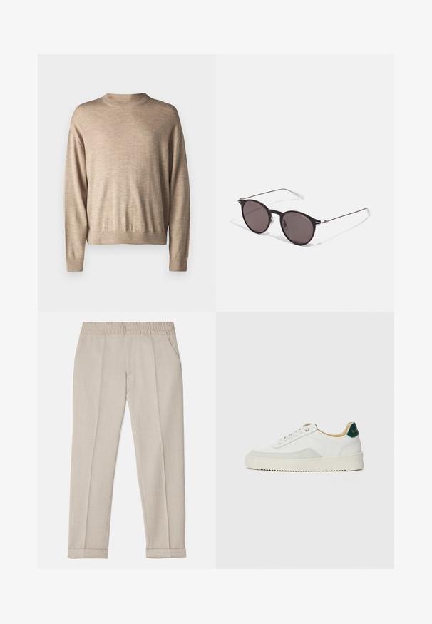 Beige lange mouw trui van zacht materiaal; beschikt over een ronde halslijn en ribgebreide manchetten, met een relaxte pasvorm en een gladde textuur.; Filippa K TERRY CROPPED TROUSERS - Broek - sage melange; Witte sneaker met suède accenten, ronde neus, platte veters en een crème rubberen zool. Bevat groene branding op de hiel.; Zwarte ronde zonnebril met donkere lenzen en slanke metalen armen. Inclusief heldere tempelpunten en zilveren accenten bij de scharnier. Minimalistisch ontwerp.