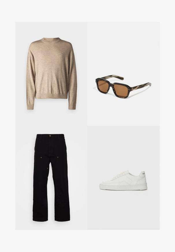 Beige lange mouw trui van zacht materiaal; beschikt over een ronde halslijn en ribgebreide manchetten, met een relaxte pasvorm en een gladde textuur.; Zwarte denim broek met een recht-pijp ontwerp, voorzien van gouden hardware accenten en zichtbare stiksels op de voor- en achterzakken.; Witte leren sneaker met een gladde afwerking, ronde neus, platte veters en een gestructureerde zool. Kenmerkt zich door een subtiel logo op de hiel.; Plastic zonnebril met een schildpadpatroon, octagonale bruine lenzen en dunne gouden hardwareaccenten op het frame.