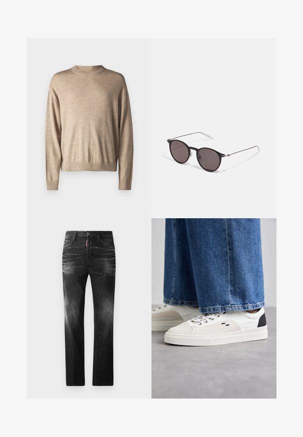 Beige Pullover mit langen Ärmeln aus weichem Stoff; hat einen runden Halsausschnitt und gerippte Bündchen, mit einem lockeren Schnitt und glatter Textur.; Schwarze Jeans aus Denim mit geradem Schnitt. Verfügt über ausgebleichte Bereiche, leichte Abnutzung, klassisches Fünf-Taschen-Design und einen Knopfverschluss.; Weiße und schwarze Sneaker mit einem Obermaterial aus glattem Leder, strukturierten Akzenten und einer massiven weißen Sohle. Verfügt über ein klassisches Schnürdesign.; Schwarze runde Sonnenbrille mit dunklen Gläsern und schlanken Metallbügeln. Enthält klare Tempelspitzen und silberne Akzente am Scharnier. Minimalistisches Design.