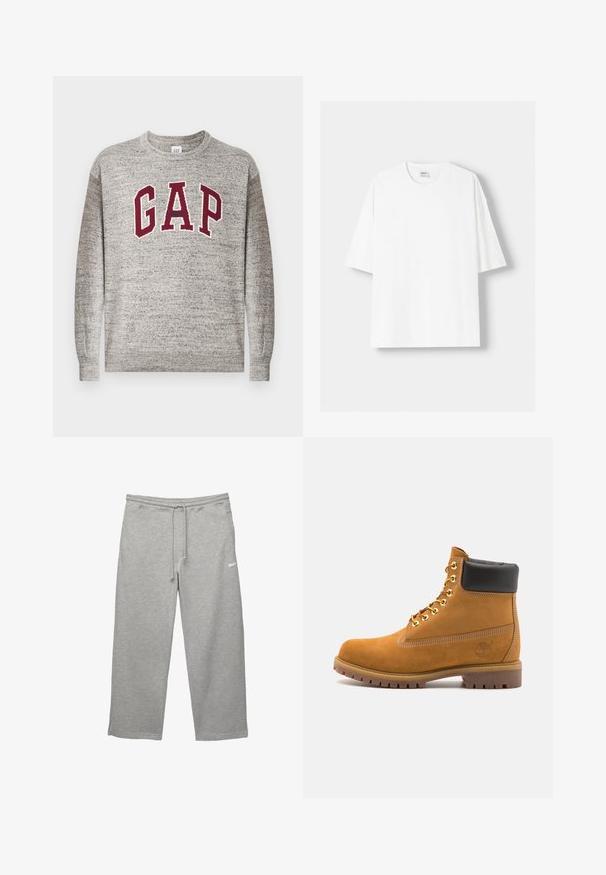 Szürke garbós pulóver bordó "GAP" felirattal és középen elhelyezett kis "Athletic" szöveggel a mellkason, bordázott mandzsettákkal és hemekkel.; Fehér, rövid ujjú pamut póló, kerek nyakkivágással és laza szabással. Simább textúra, látható minták vagy díszítések nélkül.; Szürke, puha anyagból készült melegítőnadrág, rugalmas derékpánttal, állítható húzózsinórral és oldalsó zsebekkel. Egy kis fehér logóval rendelkezik.; Barna velúr bokacipő fekete párnázott gallérral, arany fém fűzőlyukakkal, fehér varrási részletekkel és durva gumitalppal, amelynek kifejezett barázdái vannak.