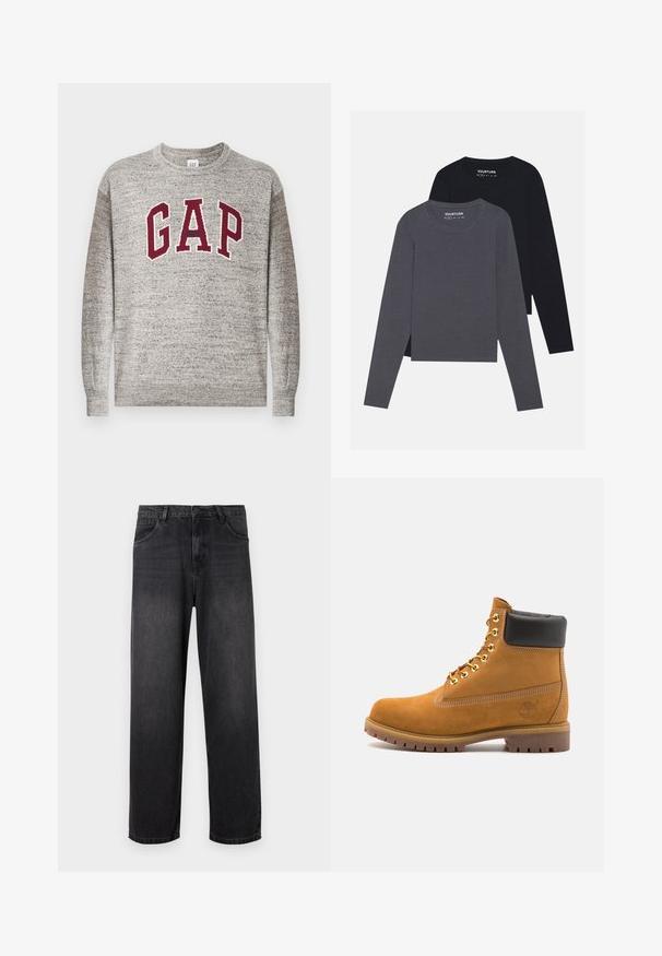 Šedý svetr s kulatým výstřihem, maroon písmena "GAP" a malé texty "Athletic" uprostřed na hrudi, žebrované manžety a spodní lem.; YOURTURN 2 PACK UNISEX - Top s dlouhým rukávem - dark grey/black; Tmavě šedé džíny z denimu s rovnými nohavicemi, obsahující zipový klzip, pět kapes a jemné vybledlé detaily na látce.; Hnědé semišové kotníkové boty s černým polstrovaným límcem, zlatými kovovými očky, bílým prošíváním a odolnou gumovou podrážkou s výraznými drážkami.