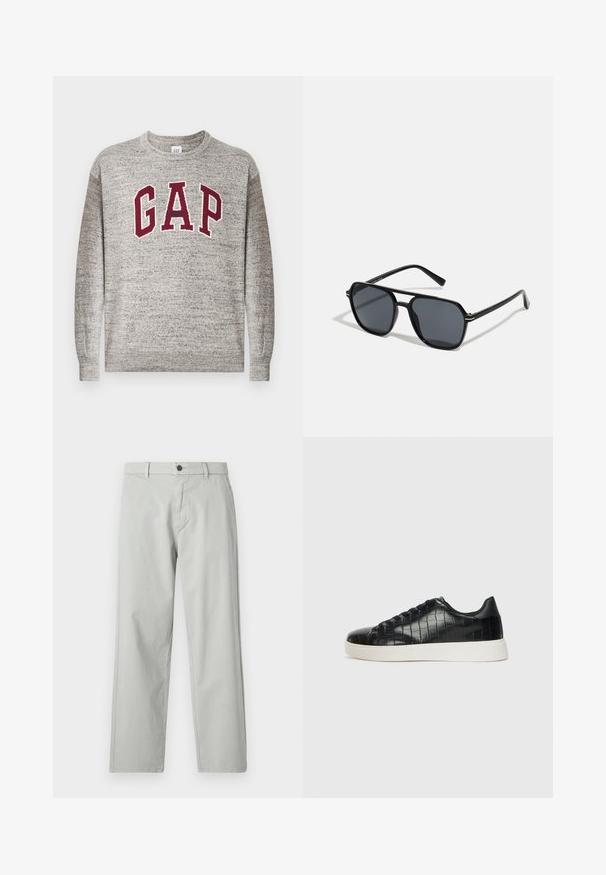 Gray crewneck sweater with maroon "GAP" letters and small "Athletic" text centered on the chest, ribbed cuffs and hem.; Light gray, straight-leg pants made of a smooth, woven fabric. Features a front button closure and side pockets. Minimalist style.; Black sneakers featuring a textured croc-embossed leather upper, rounded toe, and a contrasting white rubber sole with a smooth finish.; Black sunglases with octagonal frame, dark lenses, glossy finish, thin temples, and gold accents on the front.