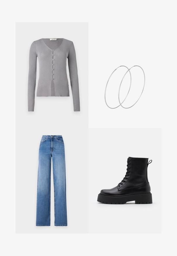 Sivi rebrasti kardigan s dugim rukavima, V-izrezom i sedam dugmadi sprijeda. Tkanina ima mekanu teksturu i uski kroj.; Svijetloplavi široki traperice izrađene od denima, s visokim strukom, prednjim džepovima i standardnim kopčanjem na dugme. Glatka tekstura.; Crne kožne gležnjače s okruglim vrhom, vezanjem sprijeda i debelim gumenim potplatom s teksturiranim uzorkom. Tipa: traka za vuču na stražnjoj strani.; Srebrne okrugle naušnice s minimalističkim dizajnom. Kružni oblik, glatka tekstura i tanak profil. Lagane s poliranim završetkom.