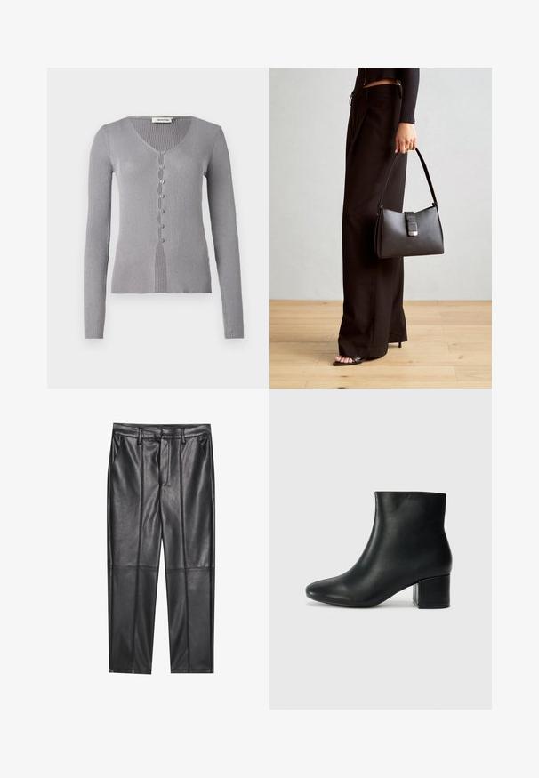 Grau gerippter Cardigan mit langen Ärmeln, V-Ausschnitt und sieben Knöpfen auf der Vorderseite. Der Stoff hat eine weiche Textur und ein figurbetontes Design.; Schwarze Lederhosen mit glatter Textur, gerader Passform, zwei Fronttaschen und sichtbaren Nahtdetails.; Schwarze Leder-Ankle-Boots mit spitzem Zehenbereich und klobigem Absatz. Glatte Textur mit minimalen Akzenten und einem eleganten, taillierten Design.; Schwarze Handtasche mit strukturierter Form, glatter Textur und einem metallischen Verschluss. Kombiniert mit weiten schwarzen Hosen und offenen Sandalen auf einem Holzboden.
