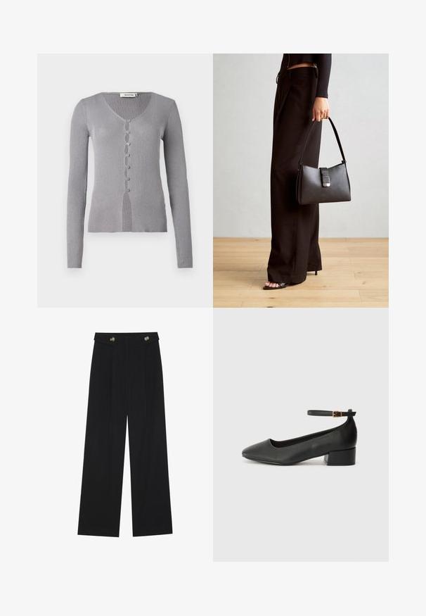 Sivý rebrovaný kardigán s dlhými rukávmi, V-výstrihom a siedmymi gombíkmi po prednej strane. Materiál má jemnú textúru a priliehavý strih.; Čierne široké nohavice s vysokým pásom, so zapínaním na gombíky na páse a prednými sklady.; Čierne kožené lodičky s špicatou špičkou a nízkym blokovým podpätkom. Obsahuje remienok okolo členka so zlatým prackou. Hladký povrch.; Čierna kabelka so štruktúrovaným tvarom, hladkou textúrou a kovovou sponou. V kombinácii so širokými čiernymi nohavicami a sandálmi s otvorenou špičkou na drevenej podlahe.