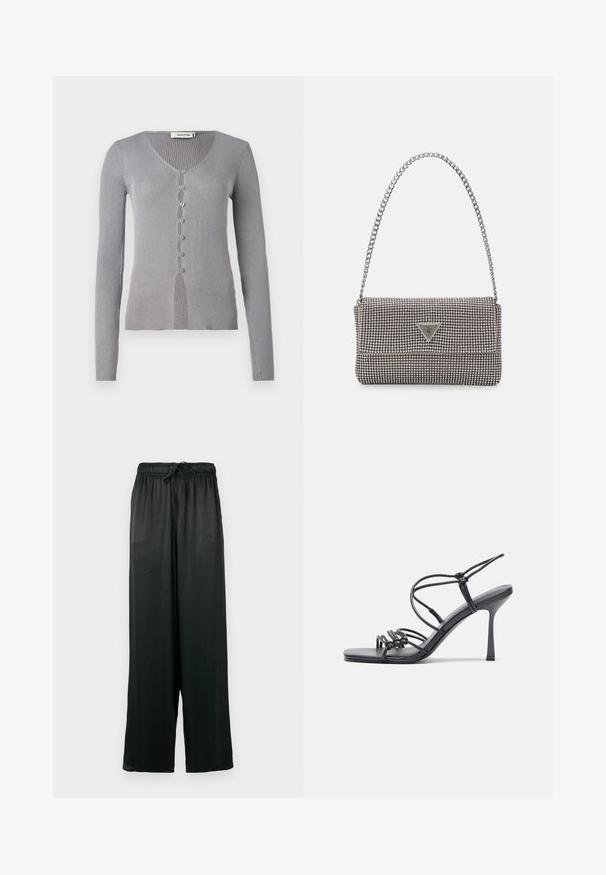 Sivý rebrovaný kardigán s dlhými rukávmi, V-výstrihom a siedmymi gombíkmi po prednej strane. Materiál má jemnú textúru a priliehavý strih.; Čierne široké nohavice z hladkej tkaniny so elastickým pásom a sťahovacou šnúrkou. Jednoduchý, minimalistický dizajn.; Čierne sandále na vysokom podpätku majú tenké remienky s uzlovým dizajnom, hladký štvorcový špičku a elegantný stiletto podpätok.; Svetlošedá metalická kabelka s reťazovým popruhom, ozdobená malými kruhovými kovovými štítkami a trojuholníkovým logom značky.; Strieborné kruhové náušnice s hladkým a lesklým povrchom. Okrúhly tvar, ľahký dizajn, s uzáverom na kolík.