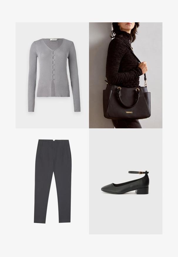 Sivi rebrasti kardigan s dugim rukavima, V-izrezom i sedam dugmadi sprijeda. Tkanina ima mekanu teksturu i uski kroj.; Tamno sivi tapered hlače s bočnim džepovima i prednjim nabora, izrađene za prilagođeni kroj.; Crne kožne pumpe s oštrim vrhom i niskom blok petom. Sadrže remen oko gležnja s zlatnim kopčanjem. Glatka tekstura.; Crna torba s teksturiranom površinom, dvostrukim gornjim ručkama i podesivom remenom za rame. Ima zlatne metalne detalje i bočne džepove.