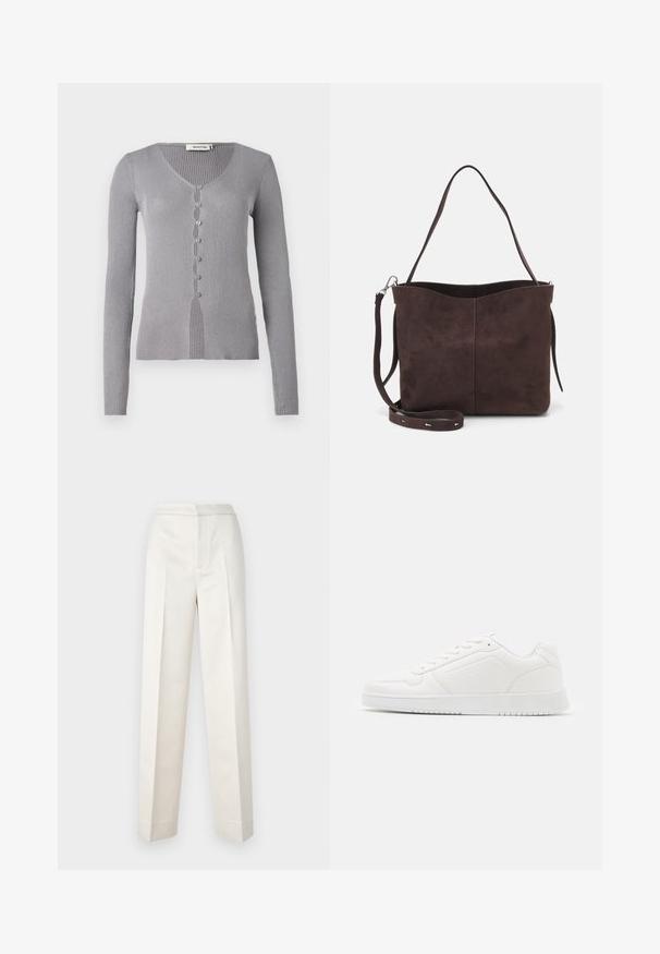 Pelēks ribots kardigans ar garām piedurknēm, V-veida kaklu un septiņām pogām priekšpusē. Audumam ir maiga tekstūra un pieguļošs dizains.; Krēma krāsas bikses ar pielāgotu piegriezumu, ar taisnu nogriezumu, gludu audumu, priekšējo krokām un tīru apdari. Minimalistisks dizains.; Balti sporta apavi, izgatavoti no gludas sintētiskās materiāla, ar apaļu purngali, auklu slēgšanu, plakanu zoli un smalkiem perforētiem detalizējumiem.; Brūns zamšādas roku soma ar mīkstu tekstūru, aprīkota ar vienu plecu siksnu un nelielu izliekta augšējā atvēruma dizainu. Nav redzamu metāla detaļu.