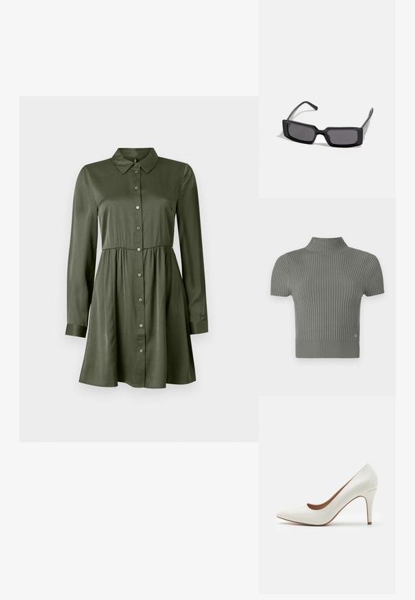 Feszes, rövid ujjú felső puha, bordázott szürke kötésben. Magas nyakkal rendelkezik, és egy apró logó díszítés található az alján.; Hosszú ujjú, olíva zöld gombos ruha, fitted derékkal és gallérral, enyhén bővülő szoknyával és felhajtott ujjakkal.; Fehér lakkbőr magassarkú cipő hegyes orral és sima felülettel, karcsú sarka van, és alacsony kivágás található a nyílás körül.; Fekete napszemüveg téglalap alakú kerettel, sötét lencsékkel és sima, fényes felülettel. Vékony szárakkal rendelkezik, az oldalán diszkrét márkajelzéssel.; Michael Kors bézs bevonatos vászon karkötő, amely ismétlődő MK logó mintával, aranyszínű fémrészletekkel és levehető lánchordóval rendelkezik.