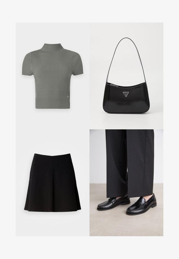 Fittet, kortermet topp i en ribbet, myk grå strikk. Har høy hals og en liten logoaccent nær kanten.; Svart svingt skjørt laget av mykt stoff, med en tettsittende midje og sømdetaljer. Glatt tekstur med et enkelt, klassisk design.; Sorte skinnloafere med en glatt overflate, sydd detaljer rundt tåen, og en lav gummisåle. Kombinert med vide svarte bukser.; Svart patentlærveske med en buet form, med et sølvfarget triangel-logo og glidelås. Glatt tekstur og slank stropp.