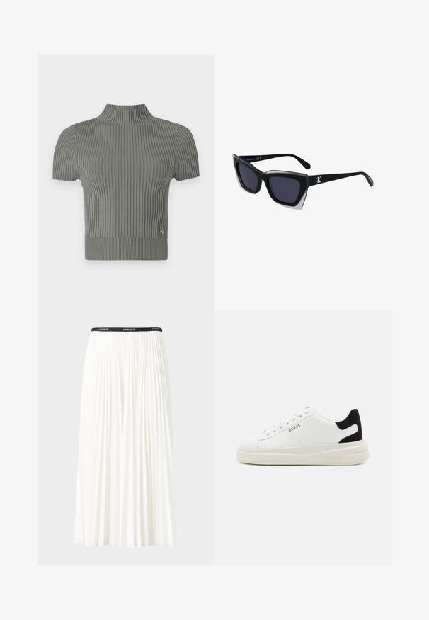 Feszes, rövid ujjú felső puha, bordázott szürke kötésben. Magas nyakkal rendelkezik, és egy apró logó díszítés található az alján.; Plisszírozott fehér szoknya fekete elasztikus derékkal, amelyen a "LACOSTE" logó található. Középhosszú kialakítás, puha tapintással.; Fehér bőr sportcipők vastag fehér talppal, fekete velúr sarokpikkelyel és dombornyomott logóval az oldalon. Fűzős kialakítás, hat fűzőlyukkal.; Fekete, nagyméretű napszemüveg geometrikus formával, sötét lencsékkel és kontrasztos szürke részlettel a kereten. Logó a szárán.