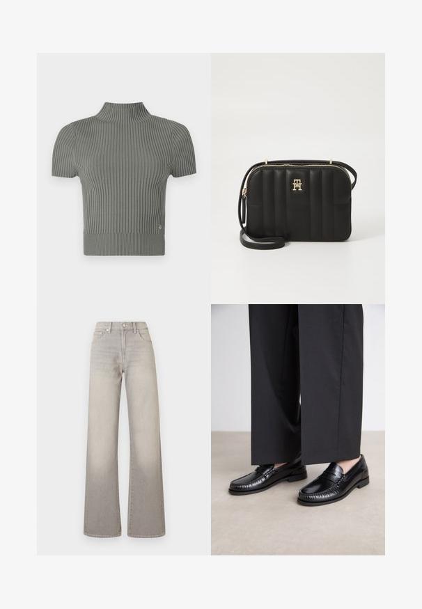 Figurbetontes, kurzärmliges Oberteil aus einem gerippten, weichen grauen Strick. Hat einen hohen Kragen und ein kleines Logo-Detail nahe dem Saum.; Graue weit geschnittene Jeans mit einem verblassten Finish, Knopfverschluss, fünf Taschen und gestickten Details entlang der Nähte.; Schwarze Lederloafers mit glatter Oberfläche, genähten Details um die Zehen und einer niedrigen Gummisohle. Kombiniert mit weiten schwarzen Hosen.; Schwarze gesteppte Umhängetasche aus synthetischem Material mit goldfarbener Hardware, ausgestattet mit einem Reißverschluss und einem Logo-Detail auf der Vorderseite.