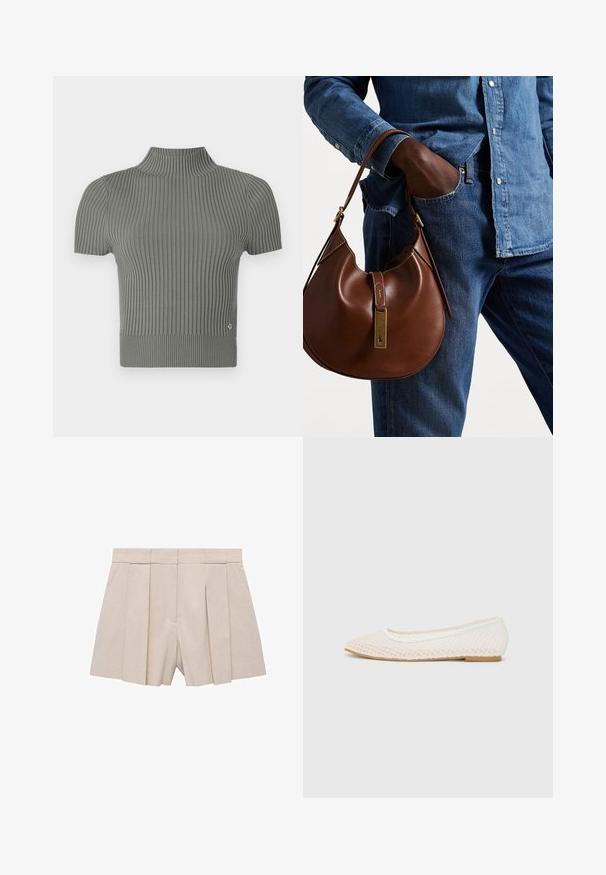 Figurbetontes, kurzärmliges Oberteil aus einem gerippten, weichen grauen Strick. Hat einen hohen Kragen und ein kleines Logo-Detail nahe dem Saum.; Beige gefaltete Shorts mit taillierter Passform, hoher Taille und glatter Textur. Vier vorn gelegte Falten erzeugen Volumen. Keine Taschen.; Weiße flache Schuhe mit einem Netzdesign, spitz zulaufender Zehenpartie und einer niedrigen, flachen Sohle. Strukturiertes Obermaterial mit einem glatten Innenfutter und subtilen Kontrastakzenten.; Braune Leder-Hobo-Tasche mit runder Form, ausgestattet mit goldenen Hardware-Details und kontrastierenden Nähten. Kombiniert mit einem Jeanshemd und Jeans.
