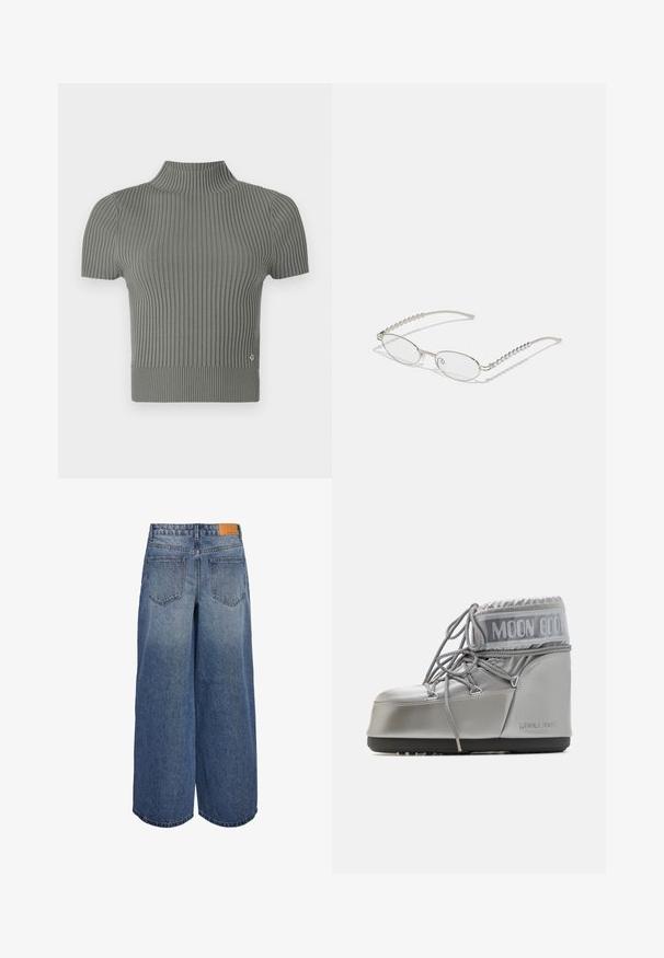 Priliehavý, krátky rukáv, vrch z mäkkej šedej pleteniny s rebrovanou štruktúrou. Má vysoký golier a malý logo akcent pri leme.; Džínové culottes s širokými nohavicami v stredne modrom opraní, so svetlovým vzhľadom, obsahujúcimi dve zadné vrecká a hnedú koženú brand značku na páse.; Strieborná vodotesná obuv s zaobleným tvarom, textúrovaným povrchom a šedými šnúrkami. Obsahuje výrazné logo "MOON BOOT" v hornej časti.; Oválne okuliare s kovovým strieborným rámom, priesvitnými šošovkami a textúrovanými perlovými akcentmi na spánkoch. Ľahký dizajn s zahnutými ramenami.