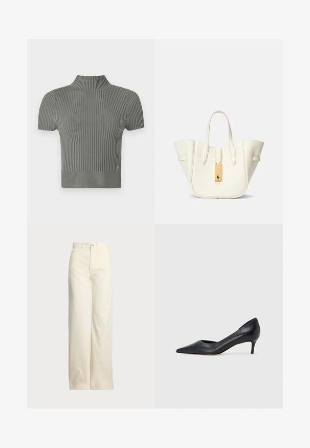 Fitted, short-sleeve top in a ribbed, soft gray knit. Features a high neck and a small logo accent near the hem.; Polo Ralph Lauren COTTON CORDUROY WIDE-LEG PANT - Trousers - warm white; Black leather pump with a pointed toe and low heel. Features a smooth texture and subtle sheen. Open cut at the front for added detail.; White leather tote bag with a structured shape, prominent stitching, gold hardware tag, and dual handles. Textured surface with side pockets.