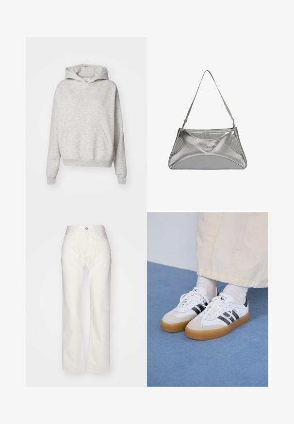 Siva kapuca s sprednjim žepom, kapuco z vrvico in rebrastimi manšetami. Narejena iz mehkega, teksturiranega materiala in ima sproščen kroj.; Beli džins hlače z visokim pasom in širokim krojem. Imajo zadrgo in gumb, zanke za pas ter subtilne šive.; Bele tene škornje s črnimi črtami in bež usnjenimi detajli. Imajo teksturirano gumijasto podplat in ravne bele vezalke, nosijo se z svetlimi nogavicami.; Srebrna metalna torbica z elegantno, strukturirano zasnovo, ki ima teksturirano telo, naramnico in embosiran logotip.
