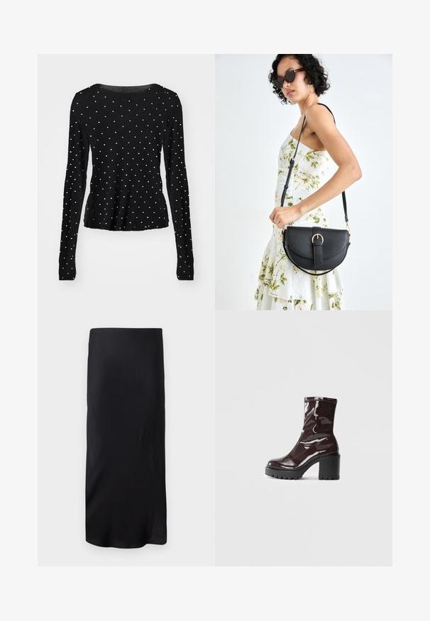 Haut noir à manches longues avec une texture côtelée, présentant des accents en clous argentés répartis de manière uniforme sur le tissu. Encolure ronde.; Jupe midi noire sans manches en tissu lisse. Présente une forme droite et allongée sans motifs ni accents. Design simple et minimaliste.; Bottines bordeaux brillantes à talon épais noir, avec une texture lisse et un design simple. Aucune fermeture visible ni motifs.; Sac à main en cuir noir avec une forme courbée, bandoulière amovible et des accessoires en or. Le sac est doté d'un rabat avec un détail de boucle.