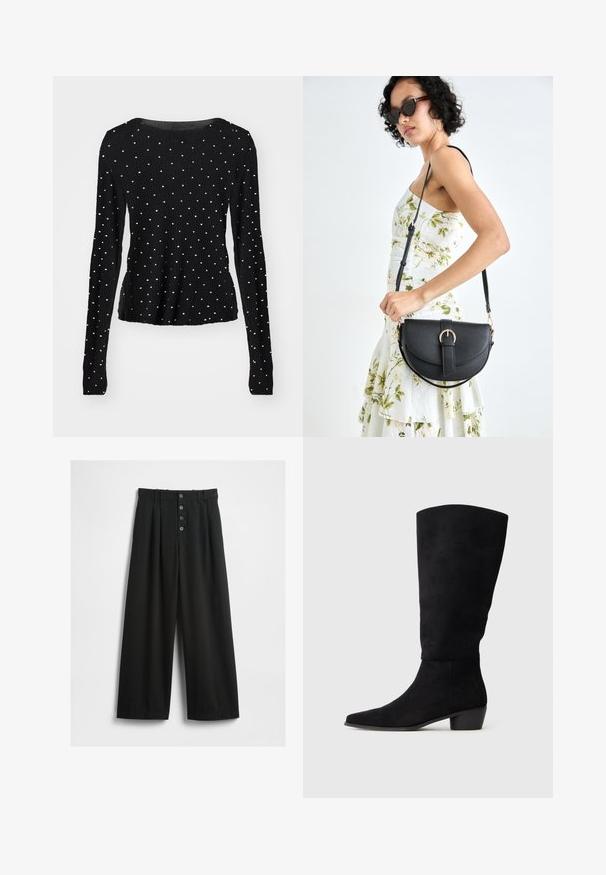 Musta pitkähihaine paita, jossa on ribbikuvioitu pinta ja hopeiset niittikoristeet, jotka on tasaisesti jaettu kankaan yli. Pyöreä pääntie.; Leveled mustat housut, jotka on valmistettu teksturoidusta kankaasta. Ominaisuuksiin kuuluu korkea vyötärö, viiden napin etukiinnitys ja puristettu taitteet lisäyksinä yksityiskohtina.; Mustat mokkaversionit polvipituisissa saappaissa, joissa on matala loiva korko ja terävä kärki, esitetty sivuprofiilista yksinkertaisella vaaleanharmaalla taustalla.; Musta nahkainen käsilaukku, joka on kaareva muotoilultaan, irrotettavalla hihnalla ja kultaisilla yksityiskohdilla. Laukussa on läppä, jossa on solk yksityiskohta.