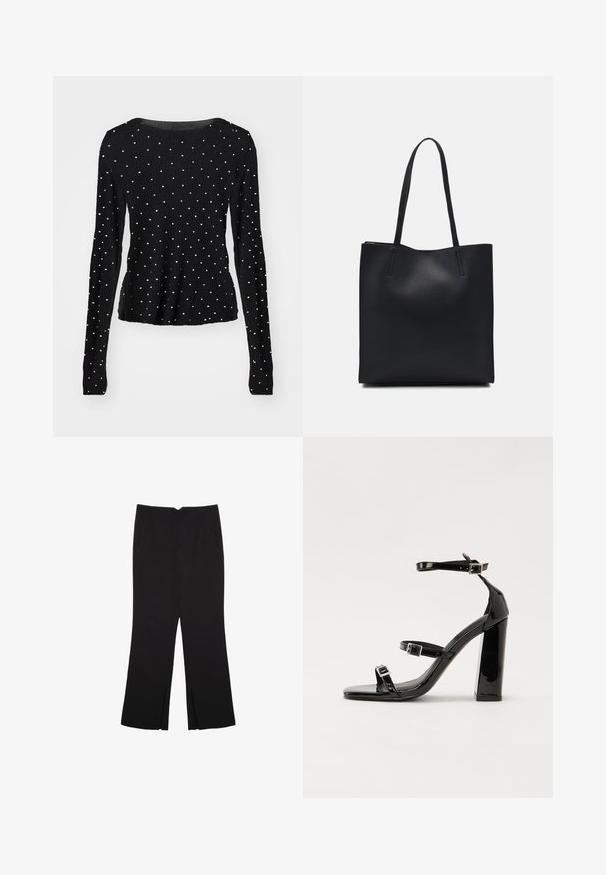 Schwarzes Langarmoberteil mit geripptem Textil, versehen mit silbernen Nietenakzenten, die gleichmäßig über den Stoff verteilt sind. Runder Ausschnitt.; Schwarze Hose mit geradem Schnitt, ausgestattet mit Fronttaschen und Seitenschlitzen am Saum. Hergestellt aus weichem, glattem Stoff. Geeignet für verschiedene Anlässe.; Schwarze patentierte Sandalen mit Absatz, quadratischer Spitze, Knöchelriemen und silbernen Schnallen. Mit einem stabilen Blockabsatz für mehr Stabilität.; Schwarze Laptoptasche aus Leder mit glatter Textur, rechteckiger Form und zwei langen Griffen. Keine sichtbaren Beschläge oder Verzierungen.