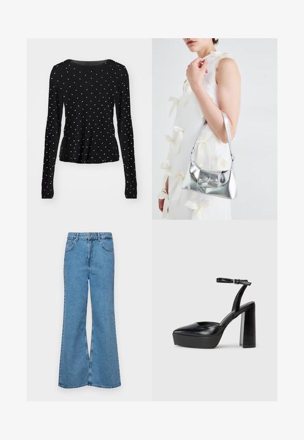 Top negru cu mânecă lungă, dintr-un material cu textură ribbed, având accente metalice argintii distribuite uniform pe suprafața țesăturii. Decolteu rotund.; Jeanși evazați de culoare albastru deschis, din denim, cu talie înaltă, cinci buzunare și închidere cu un singur buton. Textură moale cu un finisaj decolorat.; Pantofi cu toc platformă negri, cu vârful ascuțit și curea reglabilă la gleznă. Confecționați din piele netedă, având un toc gros.; Geantă metalică argintie cu o formă structurată, având un mâner superior și un detaliu sub formă de fundă pe față. Textură netedă, finisaj reflexiv.