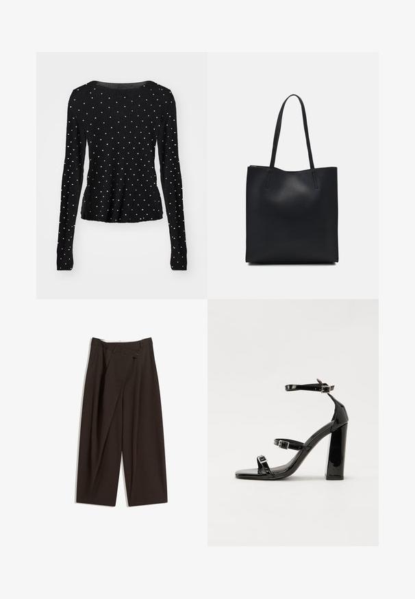 Haut noir à manches longues avec une texture côtelée, présentant des accents en clous argentés répartis de manière uniforme sur le tissu. Encolure ronde.; Pantalons larges marron foncé à taille haute, dotés d'une fermeture à un bouton et d'un devant plissé. Confectionnés en tissu léger.; Sandales à talons vernies noires avec un bout carré, des sangles autour de la cheville et des boucles en argent. Dotées d'un talon bloc épais pour plus de stabilité.; Sac fourre-tout en cuir noir avec une texture lisse, de forme rectangulaire et deux longues poignées. Pas de matériel ou d'ornementations visibles.