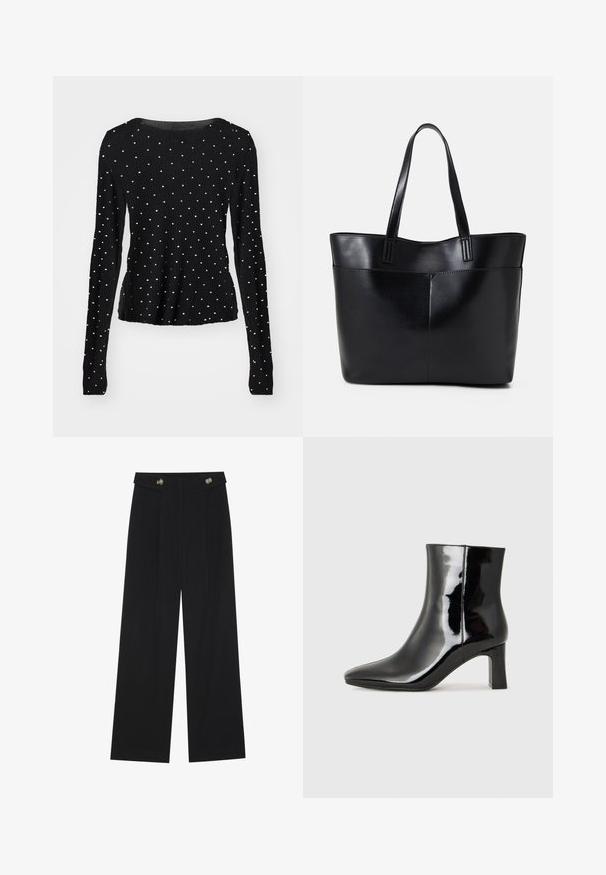 Black long-sleeve top with a ribbed texture, featuring silver studded accents evenly distributed across the fabric. Round neckline.; Black wide-leg trousers with high waist, button details on waistband, and front pleats.; Black patent leather ankle boot with a pointed toe and a mid-height block heel. Smooth texture and minimalist design.; Black leather tote bag with two long handles, a smooth texture, and a structured shape. Features a front pocket for additional storage.