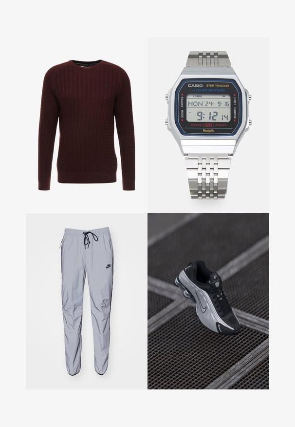 Pullover de tricô bordeaux com padrão texturizado, gola redonda e mangas longas. Apresenta punhos e barra canelados. Detalhe sutil do logotipo.; Calças de treino cinzentas claras feitas de um tecido leve e suave, com detalhes em preto. Possuem uma cintura elástica com cordão e bolsos laterais.; Shoe atlético Nike com um design em preto e prata. Feito de material sintético, com detalhes em malha e uma sola de suporte com amortecimento de ar visível.; Casio STEP TRACKER UNISEX - Relógio digital - silver-coloured