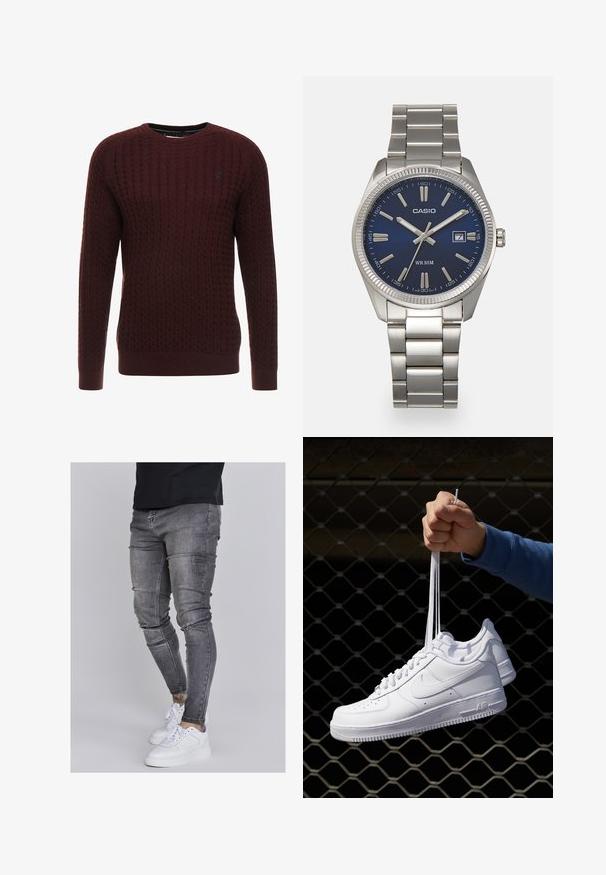Burgunderfarbener Strickpullover mit strukturiertem Muster, rundem Halsausschnitt und langen Ärmeln. Verfügt über gerippte Bündchen und Saum. Dezentes Logo-Detail.; Schlanke Jeans aus ausgebleichtem grauem Denim, mit abgenutzten Details an den Knien, kombiniert mit weißen Sneakers. Glatte Textur, schlanker Schnitt.; Weiße Leder-Sneaker mit Perforationen, runder Zehenpartie, flacher Sohle und dicken Schnürsenkeln, mit sichtbar eingesticktem Swoosh-Logo und "AIR" an der Ferse.; Silberner Armbanduhr aus Edelstahl mit einem dunkelblauen Zifferblatt, metallischen Stundenmarkierungen und einem Datumsfenster bei 3 Uhr. Wasserdicht bis 50 Meter.