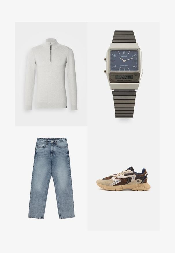 Gilet zippé gris clair en tissu doux, avec un col montant et des manches longues à poignets et ourlet côtelés.; Jean en denim bleu clair avec une coupe droite, couture visible, design à cinq poches et fermeture à bouton à la taille.; Sneaker beige et marron avec des panneaux en maille texturée, des accents en daim et une semelle en caoutchouc. Présente un design à lacets et des détails de marque.; Montre numérique Casio avec un cadran bleu, un boîtier en acier inoxydable et un bracelet en caoutchouc noir à couches. Affiche l'heure et les réglages de l'alarme. Résistante à l'eau.