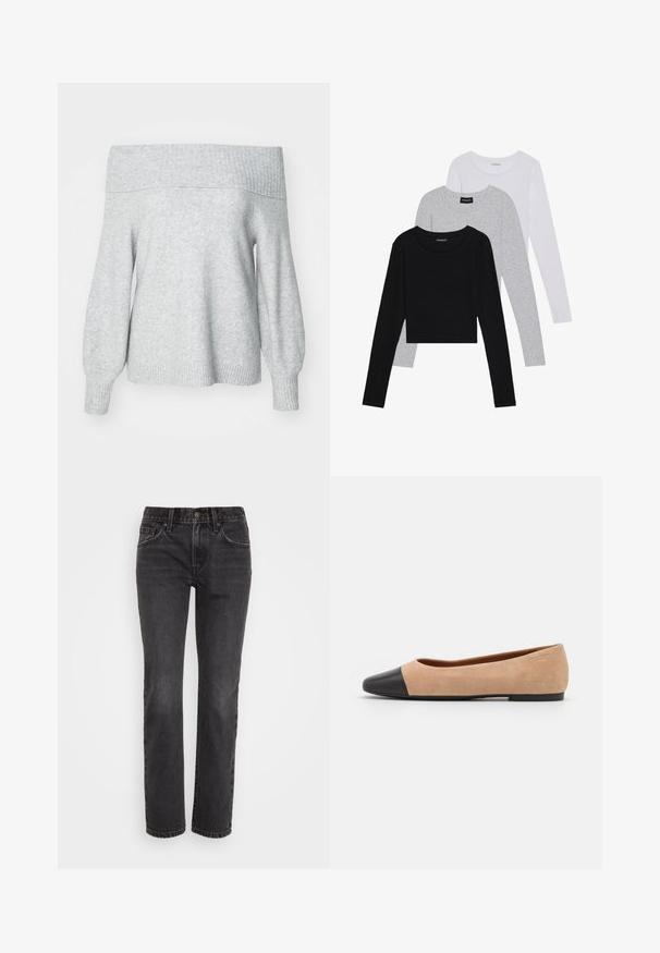 Pulover tricotat gri deschis, cu umerii la vedere, cu guler și manșete cu dublu aer de țesătură, având o croială lejeră și o textură moale.; Trei bluze cu mânecă lungă așezate: neagră, gri și albă. Fiecare are un guler rotund și un design scurt, realizat dintr-un material fin și ușor.; Jeans din denim negru cu croială dreaptă, având un design clasic cu cinci buzunare, fermoar și cusături contrastante pe margini.; Baletă din suede bej cu vârf rotund din piele neagră, toc jos și textură netedă, având cusături minime și un design curat.