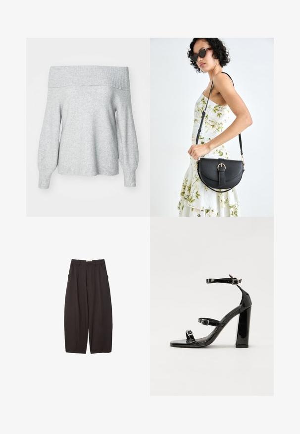 Svijetlosivi pletivo pulover bez rukava s rebrastim ovratnikom i manšetama, s opuštenim krojem i mekanim materijalom.; Crne široke hlače napravljene od glatke tkanine, s visokim strukom, prednjim nabranjima i bočnim džepovima. Jednostavan dizajn bez ukrasa.; Crne lakirane sandale na visoku petu s dva remena s kopčama, kvadratnim vrhom i masivnom blok petom, s glatkom, sjajnom teksturom.; Crna kožna torba s lukovitim oblikom, odvojivim remenom i zlatnim detaljima. Torba ima preklop s kopčom.