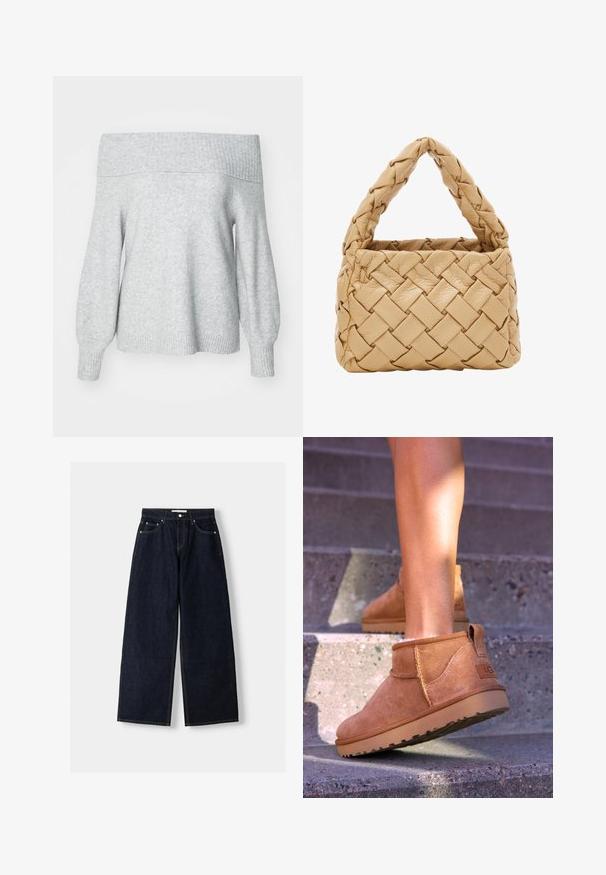 Pulover tricotat gri deschis, cu umerii la vedere, cu guler și manșete cu dublu aer de țesătură, având o croială lejeră și o textură moale.; Jeans wide-leg din denim albastru închis, cu talie înaltă, cinci buzunare, cusături în contrast și elemente metalice argintii. Textură netedă și finisaj curat.; Botine bej din suede cu o textură moale, detalii cusute și o talpă din cauciuc, având un călcâi cu buclă pentru o utilizare ușoară.; Geantă din piele împletită, de culoare bej deschis, cu un mânere triunghiular și o formă rigidă, având o textură netedă și lucioasă, cu cusături vizibile.