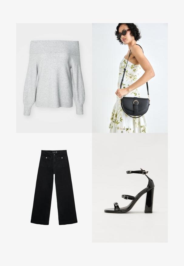 Jasnoszary sweter dzianinowy odsłaniający ramiona z ribbowanym dekoltem i mankietami, charakteryzujący się luźnym krojem i miękką teksturą.; Czarne, szerokie dżinsy z wysokim stanem, z dwoma przednimi kieszeniami i metalowymi guzikami. Tkanina ma gładką fakturę.; Czarne lakierowane sandały na wysokim obcasie, z dwoma paskami zapinanymi na klamry, kwadratowy nosek i masywny obcas typu słupek, o gładkiej, błyszczącej fakturze.; Czarna skórzana torebka o zakrzywionym kształcie, z odpinanym paskiem i złotymi akcentami. Torebka posiada klapę z zapięciem w kształcie klamry.